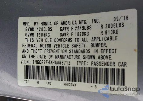 2017 Honda Accord Lx from USA, damaged, VIN 1HGCR2F4XHA068712